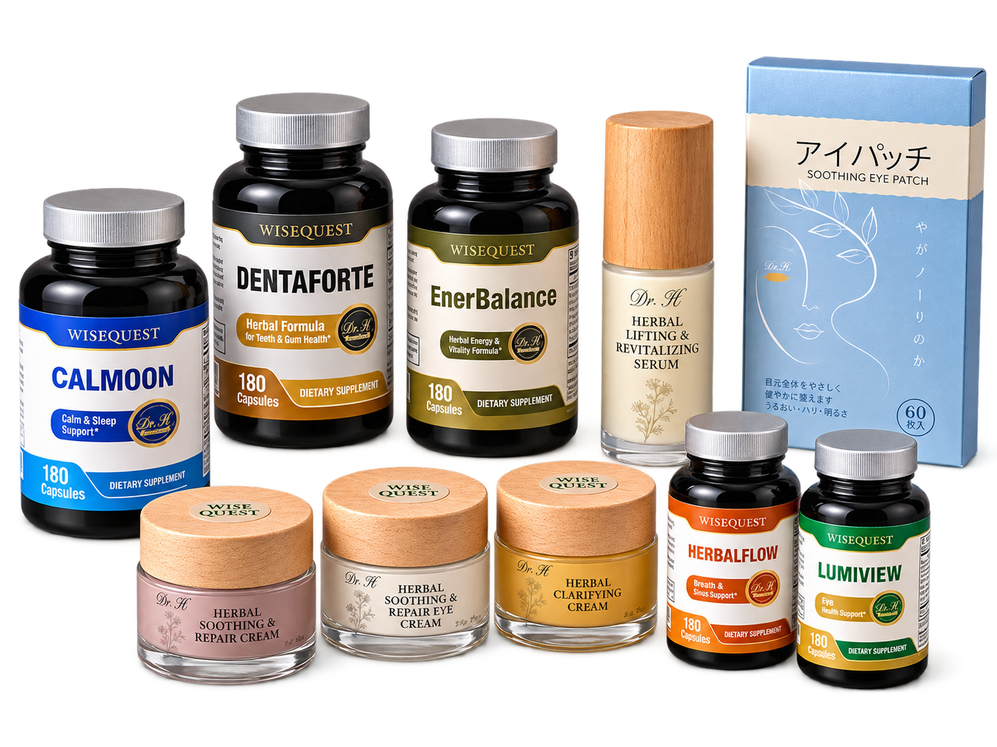 The WiseQuest range — capsule bottles, cream jars, serum, and the eye patch carton